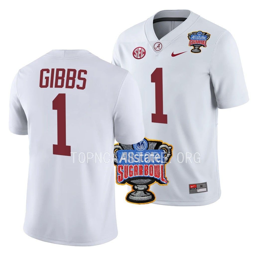 Men's Alabama Crimson Tide Jahmyr Gibbs #1 2022 Sugar Bowl White NCAA College Football Jersey